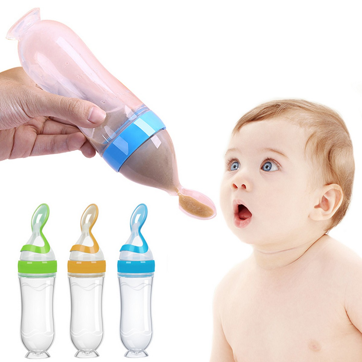 Baby Spoon Feeder - 90ml Silicone Baby Feeding Bottle With Spoon Newborn Infant Squeeze Spoon Toddler Food Supplement Rice Cereal Bottle Milk Feeder