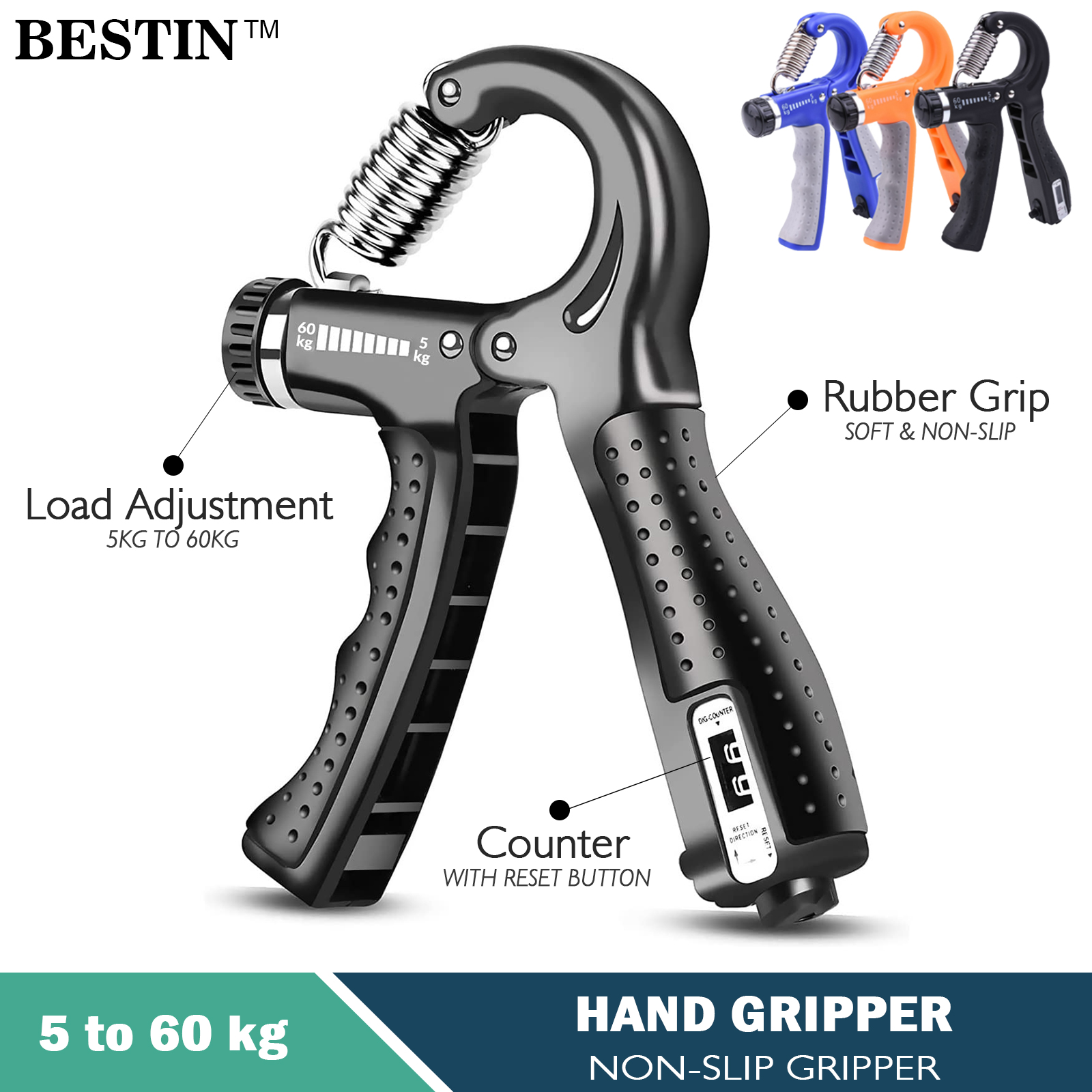 Adjustable Hand Gripper With Counter Adjustable Hand Grip Strengthener 5–60 kg – Non-Slip Ergonomic Hand Gripper with Stainless-Steel Spring, Forearm &amp;amp; Wrist Exerciser, Finger Trainer, Portable Home Gym &amp;amp; Rehabilitation Tool for Men &amp;a