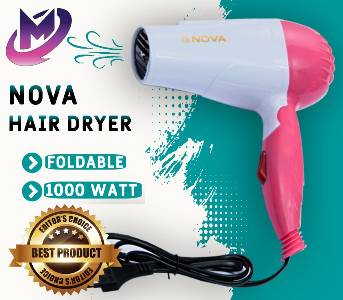 Nova Hair Dryer | NV-1290 Hair Dryer | Foldable Hair Dryer | Portable Hair Dryer | 1000W Hair Dryer | Best Hair Dryer for Travel | Hair Dryer For Girls Boys | Lightweight Hair Dryer | Nova NV-1290 Compact Hair Dryer